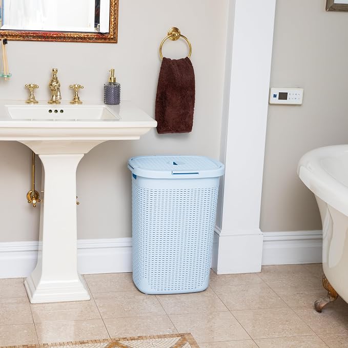 Mind Reader Slim Laundry Hamper with Lid, 60L Tall Clothes Basket, Narrow Tapered Design for Bathrooms, Closets and Laundry Rooms, Plastic, Baby Blue - Image 6