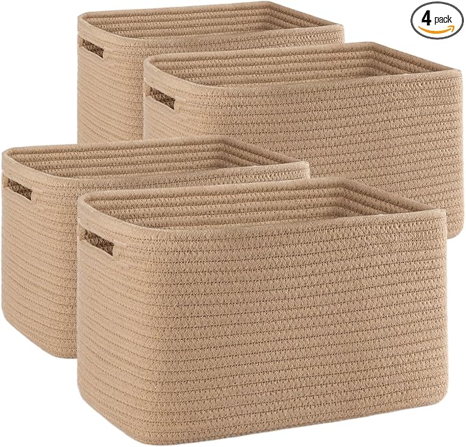 4 Pack Storage Baskets for Organizing, Woven Baskets for Shelves - Perfect for Toys, Books, Towels, and Clothes, Durable Gift Basket Bins Toy Storage, 12.7''L x9''W x7.8''H, Jute by SIXDOVE
