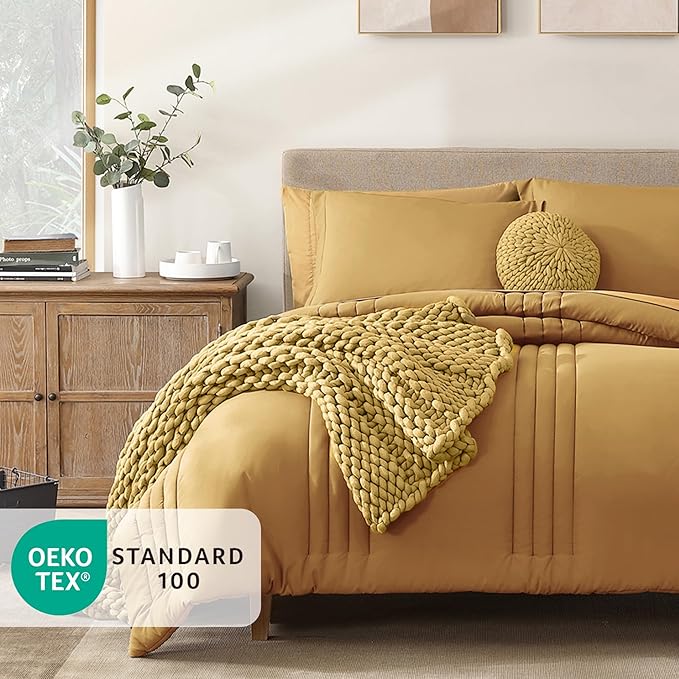 Monbix Queen Comforter Set - 7 Pieces Desert Yellow Bed in a Bag Queen Bedding Sets with Comforters, All Seasons Comforter Bed Set with Sheets, Pillowcases & Shams