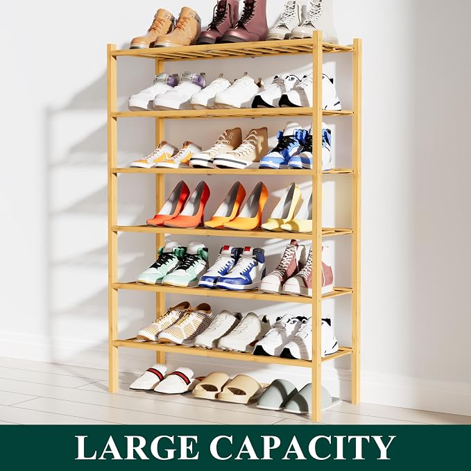 Smiry Shoe Rack, 6 Tier Bamboo Shoe Organizer, Stackable Free Standing Wooden Shoe Storage Shelf for Closet, Entryway, Front Door Entrance, Natural - Image 5