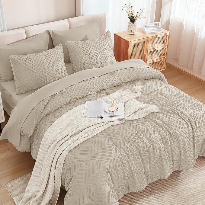 Andency Queen Size Comforter Set 7 Piece Oatmeal - Bed in a Bag Queen Boho Lightweight Fluffy Tufted Bedding Sets with Comforter, Sheets, Pillowcases & Shams