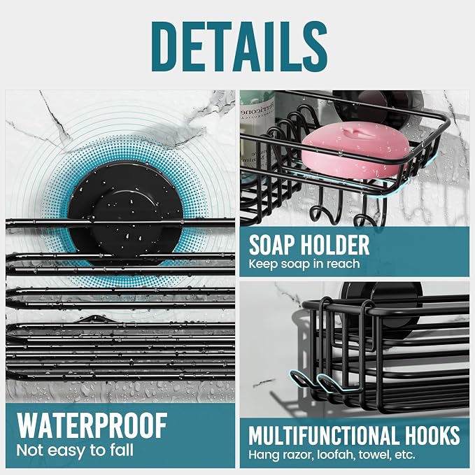 TAILI Shower Caddy Suction Cup with Hooks and Soap holder, Heavy Duty Bathroom Shower Organizer, No Drilling Bathroom Holder with Large Capacity, Metal Black Storage Basket - Image 8