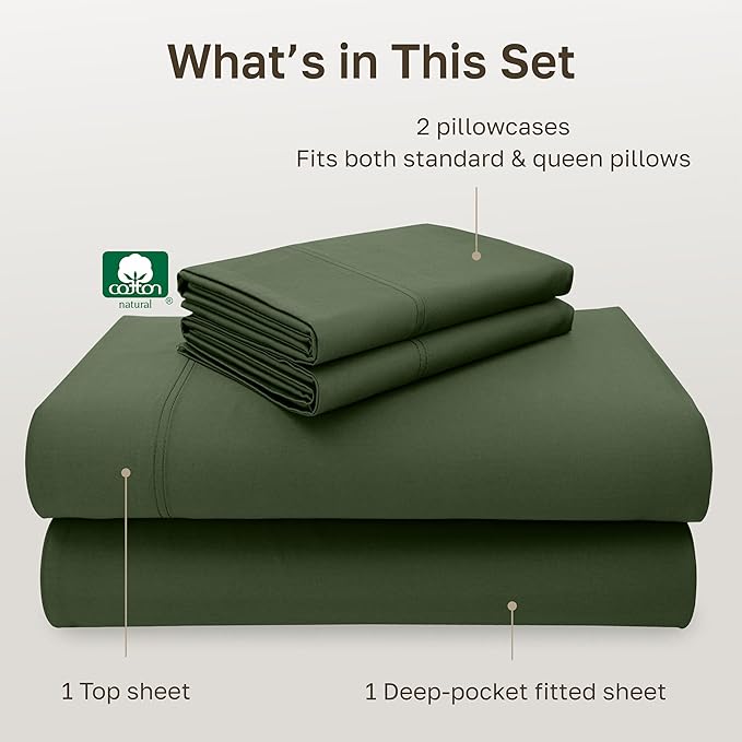 California Design Den 100% Cotton Sheets Queen Size Set - Luxury 600 Thread Count Sateen, Queen Cotton Sheets with Deep Pockets - Dark Olive Green