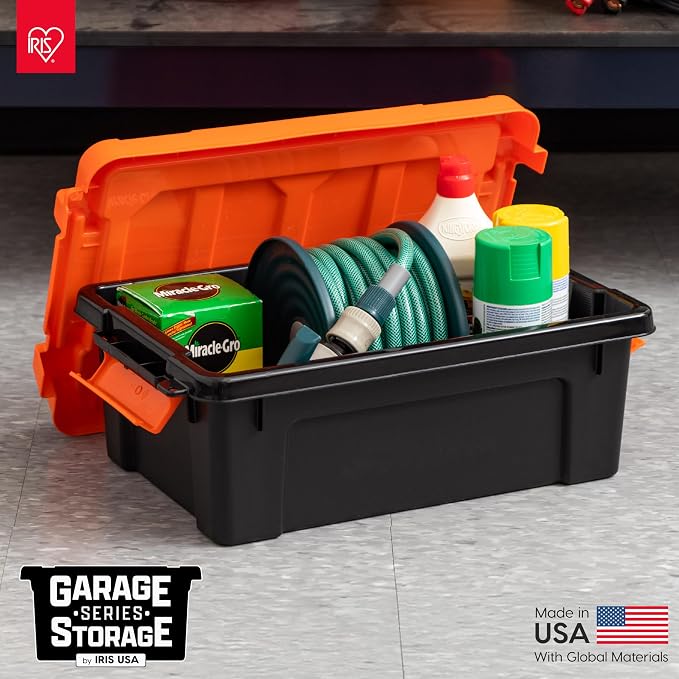 IRIS USA 3 Gallon Lockable Storage Bins with Lids, 5 Pack - Made in USA, Heavy Duty, Stackable Containers, Garage Organizing Bins Moving Tubs, Rugged Sturdy Equipment Utility Box - Black/Orange - Image 3