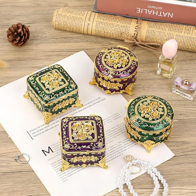 Hipiwe Vintage Jewelry Box Small Trinket Storage Organizer Box Gold Metal Chest Ring Case Treasure Chest Square Keepsake Boxes for Earrings Necklace Gift for Women,Green - Image 6