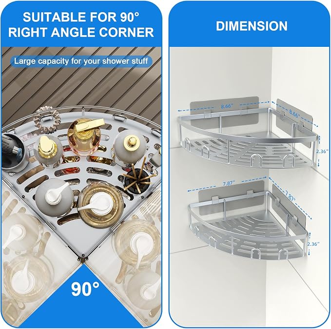 Corner Shower Caddy, 2 Pack Adhesive Bathroom Shower Corner Organizer Shelf, No Drilling Rustproof Wall Mounted Shower Storage Rack Shampoo Holder Organizer (Silver) - Image 6