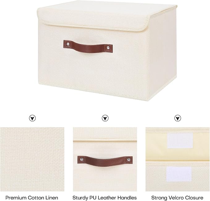 ANMINY 4PCS Storage Bin with Lid Storage Boxes with PU Leather Handles PP Plastic Board Decorative Foldable Lidded Cotton Linen Fabric Home Cubes Baskets Closet Organizer Container - Beige, Medium - Image 4