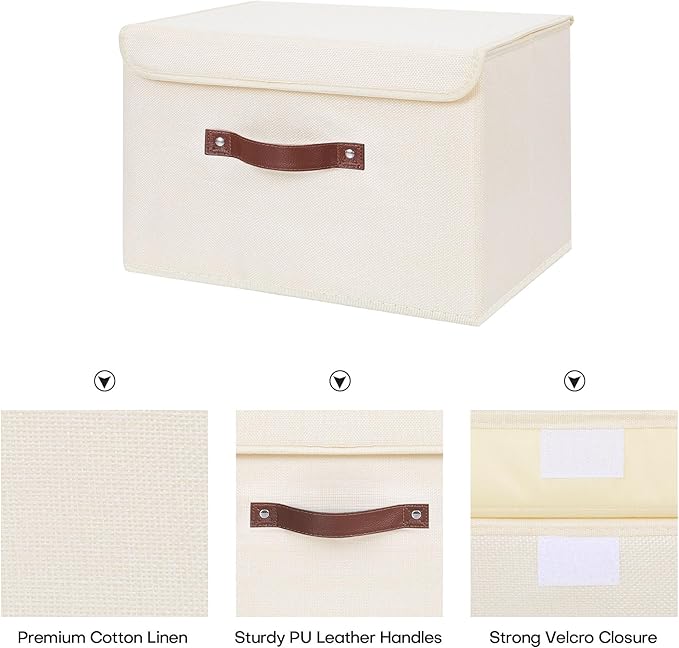 ANMINY 2PCS Storage Bins with Lid PU Leather Handles Storage Boxes PP Plastic Board Decorative Foldable Lidded Cotton Linen Fabric Home Cubes Baskets Closet Organizer Containers - Beige, Large Size - Image 3