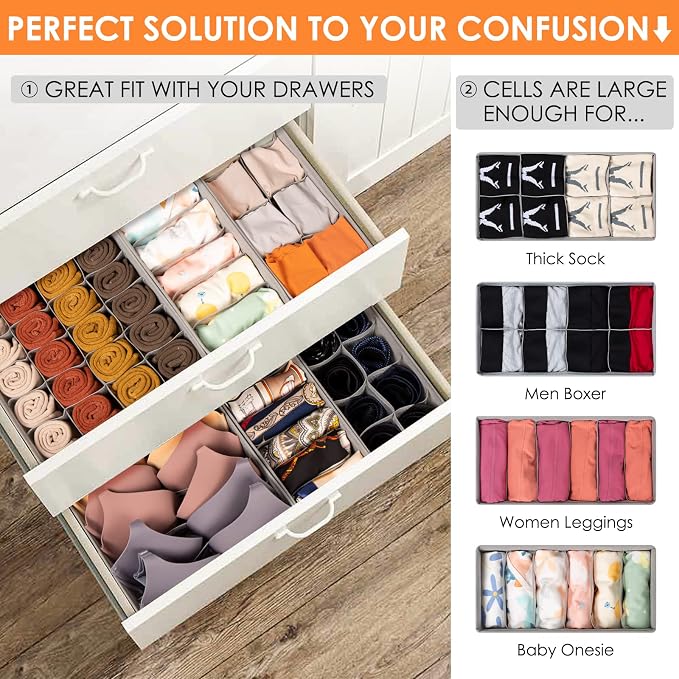Criusia 6 Pack Sock Underwear Drawer Organizer Dividers, 58 Cell Foldable Fabric Dresser Closet Organizers and Storage Bins for Clothing, Baby Clothes, Bra, Panty, Scarf, Ties (Grey) - Image 3