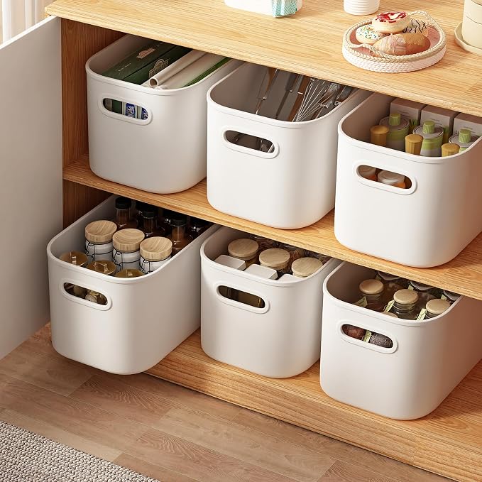 6 Pack White Storage Bins with Lids Stackable Storage Container for Organizing, Small Storage Boxes with Handle for Shelves, Cute Organizer Bins for Craft, Snacks, 9.85x6.9x5.7 inch - Image 2