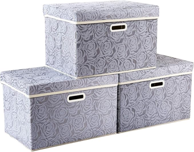 PRANDOM Large Storage Boxes with Lids [3-Pack] Fabric Decorative Storage Bins Cubes Organizer Containers Baskets with Handles for Closet Grey 17.7x11.8x11.8 In For 6+ Year Old Boys and Girls by Prandom