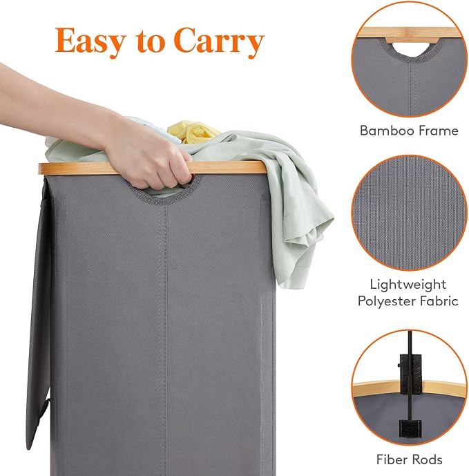 Lifewit 150L Double Laundry Hamper with Lid, Large Laundry Basket with Removable Bag & Bamboo Handles, Fodable Tall Dirty Clothes Hamper for Laundry Collapsible Bin for Bathroom Bedroom, Charcoal Gray - Image 4