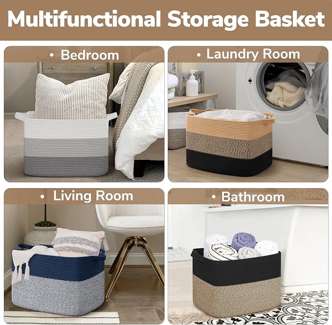 Goodpick Large Woven Basket 18" x 14" x 12" Cotton Rope Storage Baskets for Organizing, Rectangle Wicker Laundry Basket with Handles, Toy Baskets for Kids, Black & Jute - Image 5