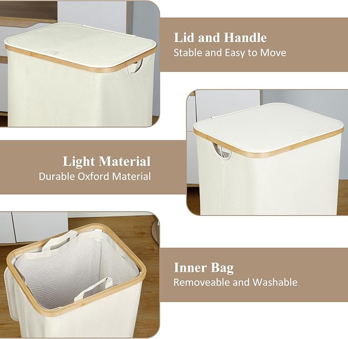iEGrow Laundry Basket with Lid, 110L Large Laundry Hamper with Handle and Lid, Collapsible Clothes Basket Organizer with Removable Inner Bag for Clothes Toys Towels - Beige - Image 5