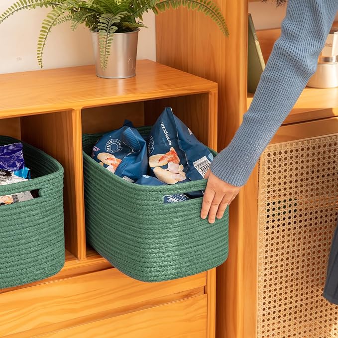 OIAHOMY 4 Pack Storage Baskets for Organizing, Cube Storage Bins for Shelves, Rectangle Storage Baskets With Handles, Woven Baskets for Storage, 12.7''Lx9''Wx7.8''H, Green - Image 4