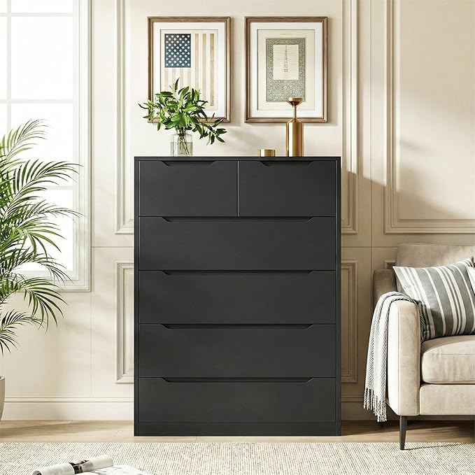 Romorgniz Dresser for Bedrom with 6 Large Drawers, Tall Chest of Drawers Modern Wooden Dresser for Living Room, Entryway, Hallway, Black, 43.2" H X 27.6" W X15.6 D
