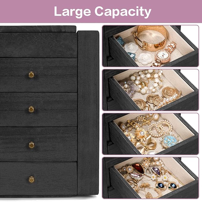 Meangood Jewelry Box Wood for Women, 5-Layer Large Organizer Box with Mirror & 4 Drawers for Rings, Earrings, Necklaces, Black - Image 4