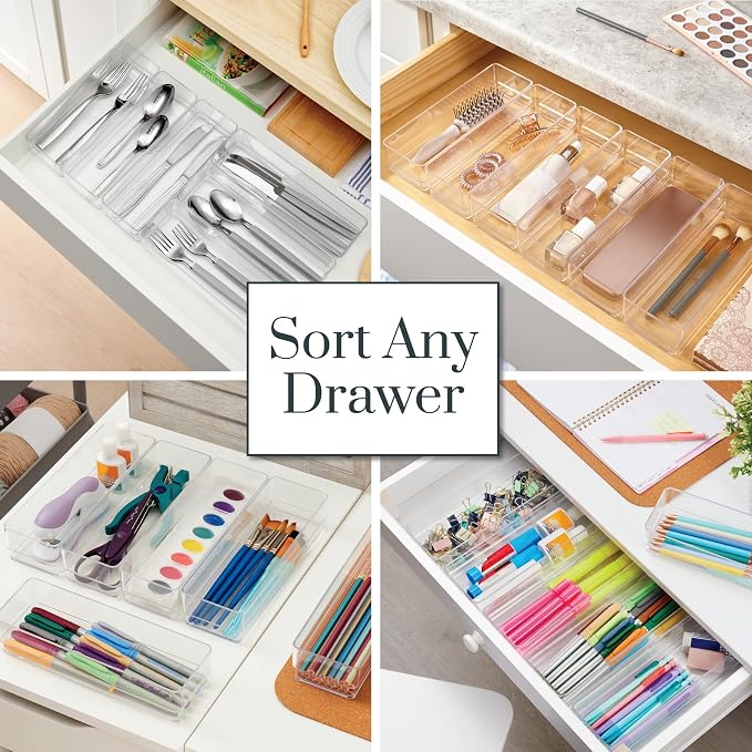 STORi SimpleSort 6-Piece Stackable Clear Drawer Organizer Set | 9" x 3" x 2" Rectangle Trays | Narrow Makeup Vanity Storage Bins and Office Desk Drawer Dividers | Made in USA - Image 4