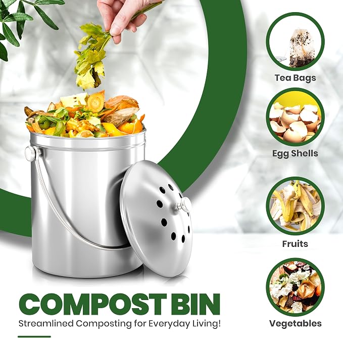 Utopia Kitchen Countertop Compost Bin Kitchen with Charcoal Filter -1.3gallon Stainless Steel Kitchen Compost Bin Countertop - Ideal Kitchen Essentials or Small Composter for Under The Sink Trash - Image 3