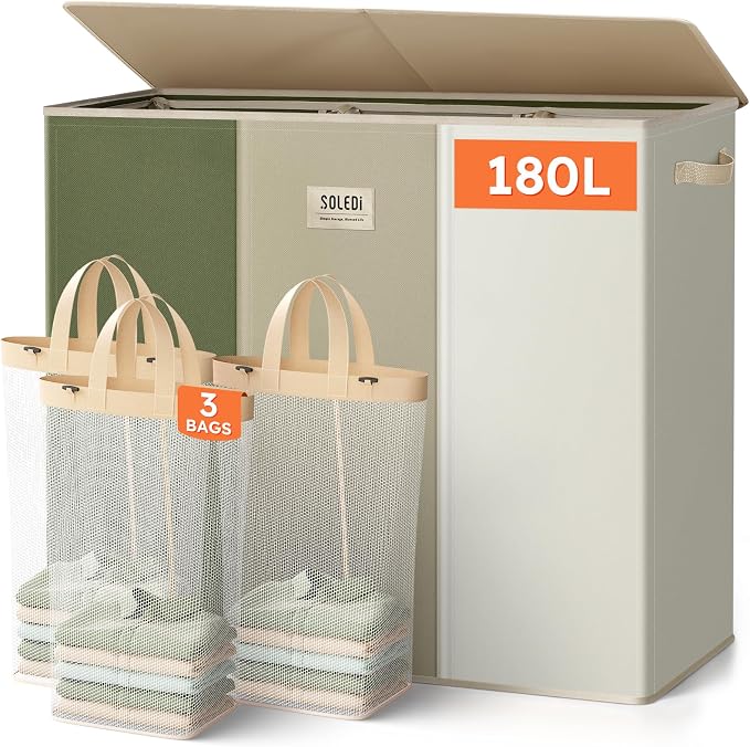 SOLEDI 180L 3-Section Laundry Hamper with Lid, Extra Large Dirty Clothes Basket with Sturdy Handles for Laundry Room & Bedroom - Durable Organizer for Sorting Laundry by SOLEDI