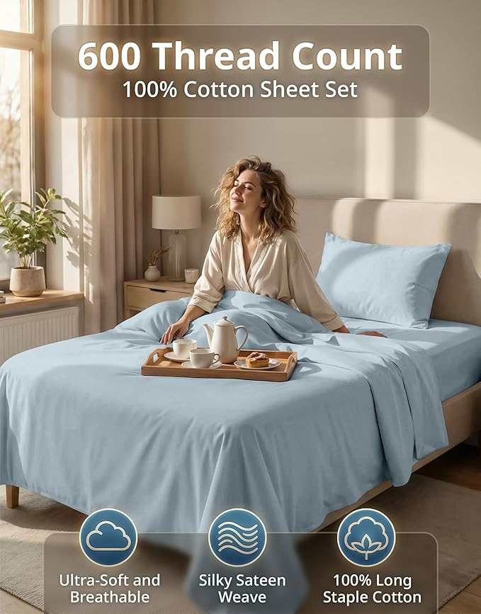 LANE LINEN 100% Cotton Sheets Twin Size - 600 Thread Count Premium Sateen Weave for Gentle Feel On Skin - Extra Soft Hotel Quality Sheets for Dorm Rooms - Oeko Tex Certified - French Blue