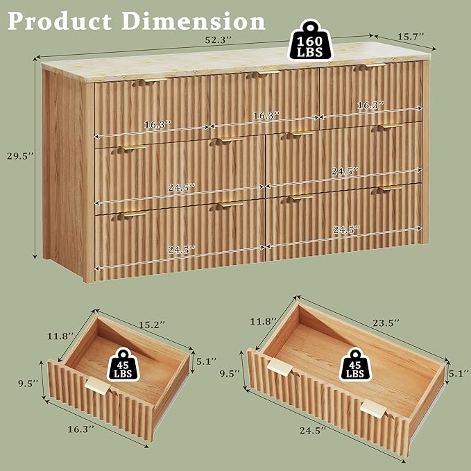 HUAHUU Fluted Dresser for Bedroom with 7 Drawers, 53" Wide Mid Century Modern Dressers with Faux Marble Top & Metal Handle, Wooden Chest of Drawers TV Stand, Natural Oak