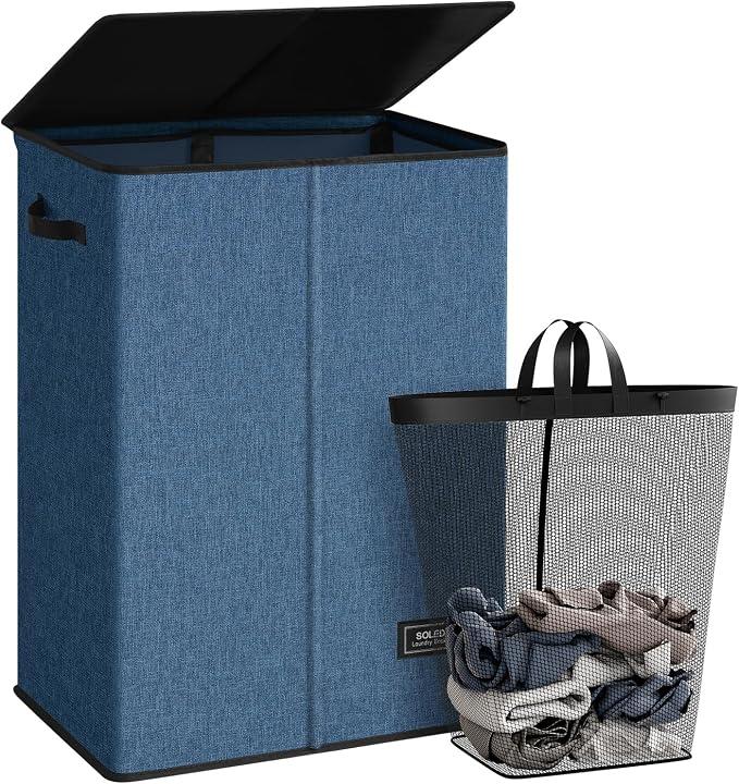 SOLEDI Laundry Hamper with Lid 130L Large & Tall Collapsible Laundry Basket, Clothes Hamper with Bag Removable Easy to Carry, Dirty Hampers for Bedroom, Bathroom, Dorm, College, Blue by SOLEDI