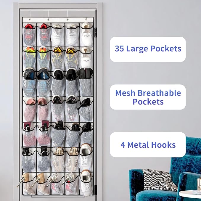 SAVERHO 35 Pockets Over the Door Shoe Organizer, Hanging Shoe Organizer for Door with 35 Mesh Pockets Large Capacity Shoe Hanging Storage Bag with 4 Metal Hooks (White-1Pack) - Image 5