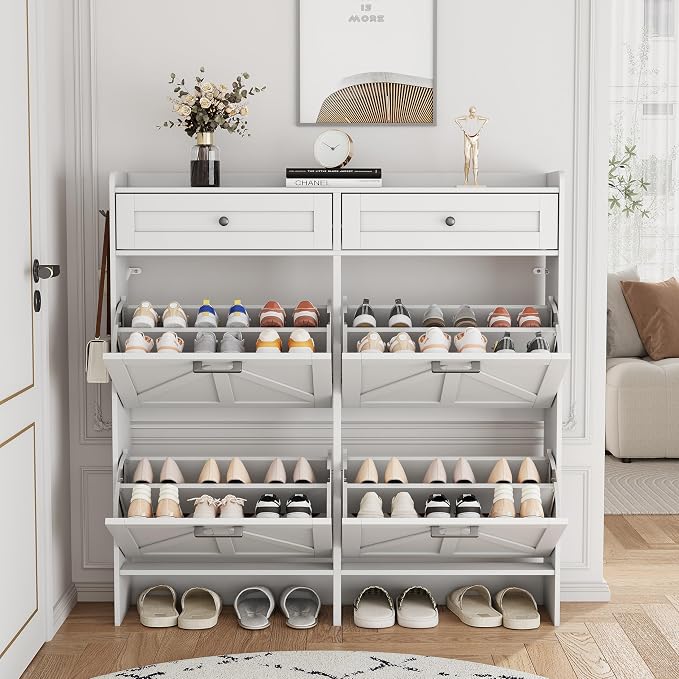Shoe Cabinet with 4 Flip Drawers & 2 Top Drawers, 43" Tall Freestanding Shoe Storage Organizer for Entryway, Wooden Narrow Hidden Slim Shoe Rack for Front Door Entrance, Hallway, Living Room, White - Image 8