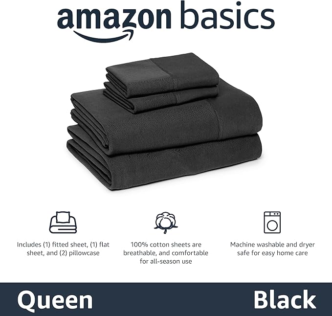 Amazon Basics 100% Cotton Jersey Bed Sheet Set, Queen, Black, Solid