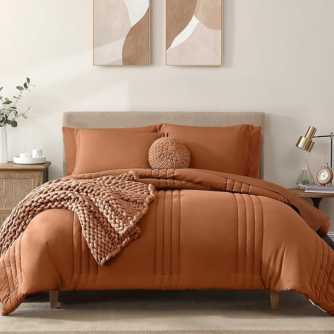 Monbix Super King Size Comforter Set - 7 Pieces Burnt Orange Bed in a Bag Super King Bedding Sets with Comforters, All Seasons Comforter Bed Set with Sheets,Pillowcases & Shams
