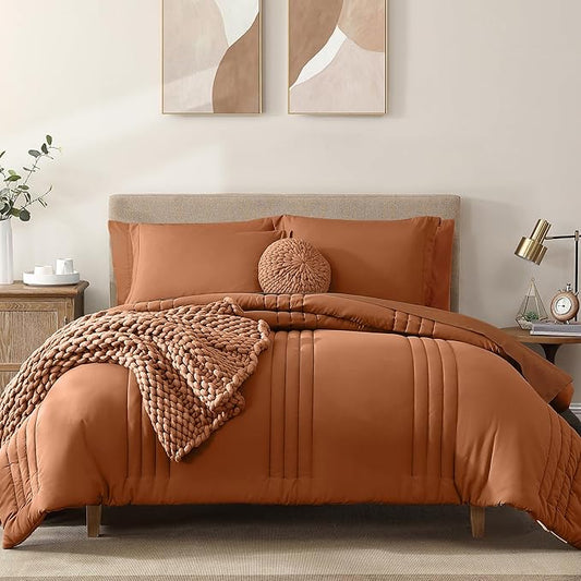 Monbix Super King Size Comforter Set - 7 Pieces Burnt Orange Bed in a Bag Super King Bedding Sets with Comforters, All Seasons Comforter Bed Set with Sheets,Pillowcases & Shams