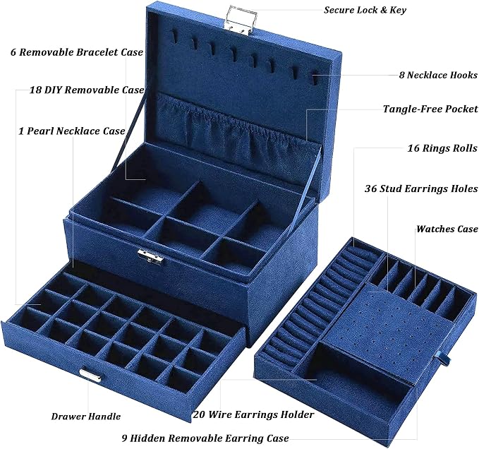 QBestry 3-Layer Jewelry Box for Women with Lock and Key & Drawer, Large Jewelry Organizer with 8 Necklace Hooks & 56 Earring Holes, Navy Velvet Jewelry Storage Box for Necklaces Earrings Ring Bracelet - Image 6