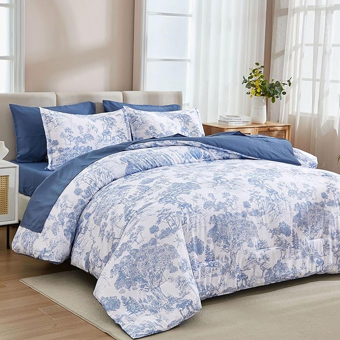 DJY Blue Comforter Set Twin Size,5 Pieces Botanical Comforters with Sheets Elegant Plants Print Soft Microfiber Reversible Complete Bedding Sets for All Season