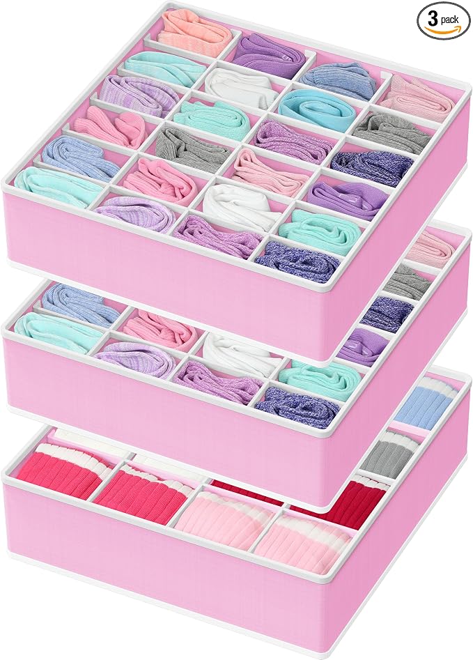 Simple Houseware Sock Drawer Organizer for Dresser/Closet/Bedroom, 3 Pack, Pink by SimpleHouseware