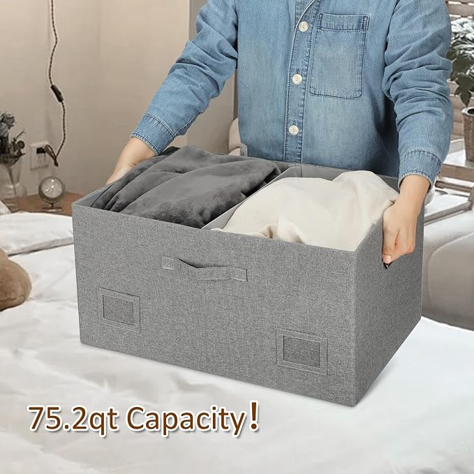 Graciadeco 75 Quarts Extra Large Decorative Storage Bins with Lids, 3 Packs Gray Collapsible Storage Bins with Lids, Stackable Storage Bins Decorative Box Storage With Lid Extra Large - Image 3