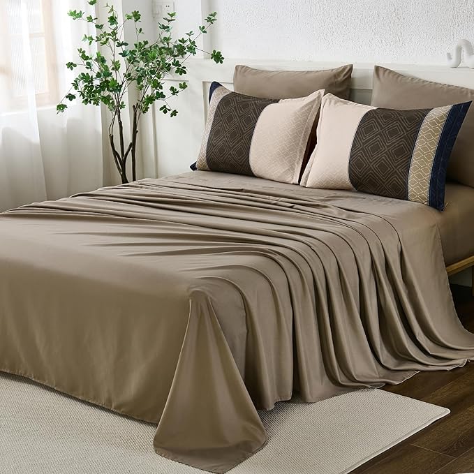 Dinjoy Boho Queen Comforter Set Navy Brown,7 Piece Bed in a Bag Queen Size Warm Striped Dark Blue Bedding Sets Plaid Fall Comforters Set with Sheets for Family All Season