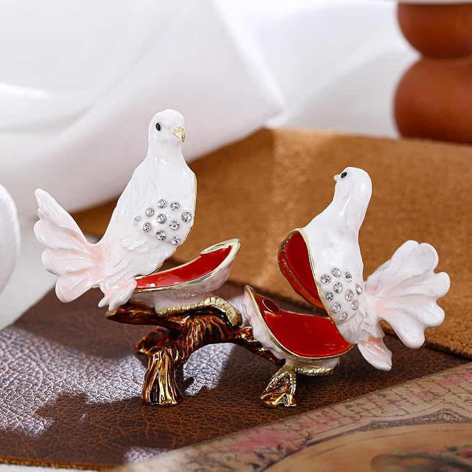 Hand Painted Animal Trinket Box for Home Decor, Hinged Jewelry Organizer Storage, Unique Personalized Collectible Keepsake Figurine Handmade Decorative Ornament Gifts (Dove Couple) - Image 3