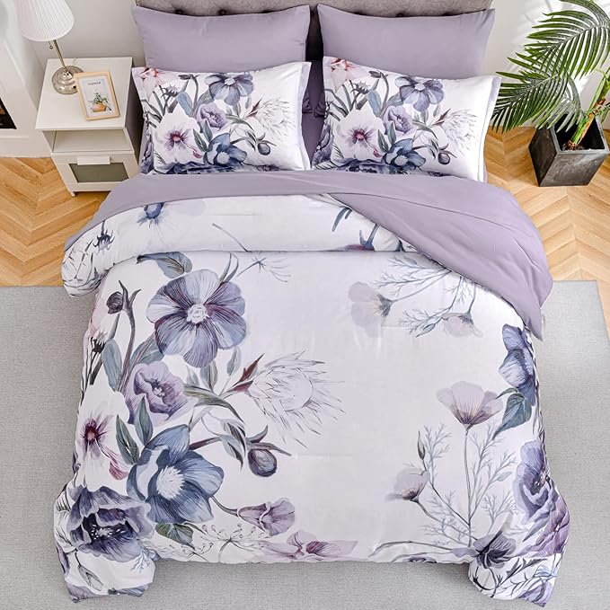 Luxudecor Floral Comforter Set California King Size 7 Piece, Purple Flower Bed in a Bag, Elegant Floral Comforter with Sheet Set, Soft Microfiber Bedding Set for All Season (Purple, 104"x96")