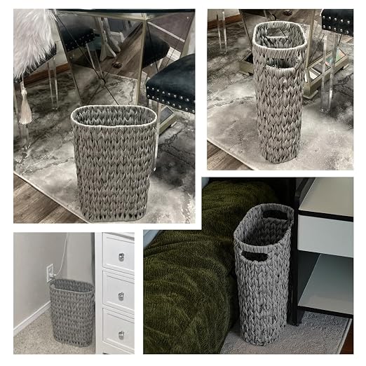 Coeusy 5 Gallon Wicker Trash Can,Wicker Bathroom Trash Can with Handles,Handwoven Waste Basket Waterproof Narrow Small Garbage Can for Bedroom,Bathroom,Office,Grey/20 Liters - Image 3