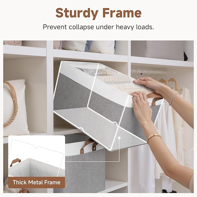 StorageWorks Storage Bins, Fabric Storage Bins for Shelves, Extra Large Storage Baskets with Metal Frame, Closet Baskets and Bins with Handles, Jumbo, Gray and White, 2-Pack - Image 4