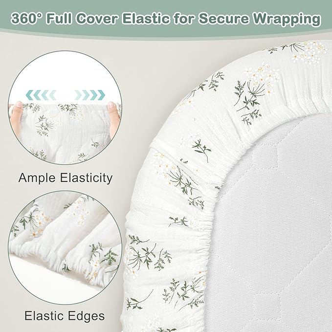 Basumee Muslin Bassinet Sheets for Baby Girl Boy 2 Pack Soft Breathable Baby Bedside Bassinet Fitted Sheets with Bottom Elastic Band Mattress Cover for Rectangle Oval Hourglass Bassinets