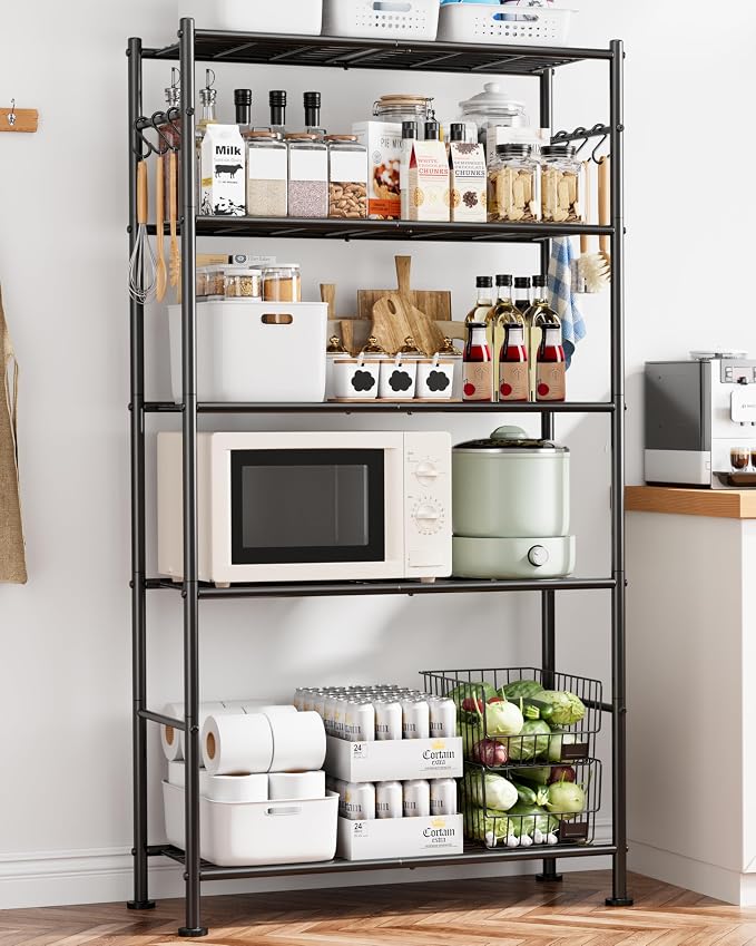 Sakugi Storage Shelves - 5-Tier Large Capacity Shelf Organizer with Hooks, Heavy-Duty Garage Shelving with Leveling Feet, Wobble-Free Rack for Bedroom, Balcony, Garage, 32.1"×12.4"×71.4", Black - Image 2