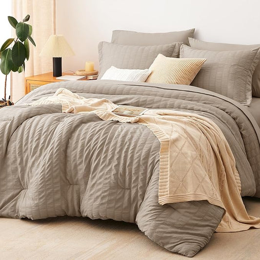 CozyLux Full Size Comforter Sets with Sheets 7 Pieces, Khaki Seersucker Bed in a Bag Textured Luxury Soft Bedding Sets with Down Alternative Comforter, Sheets, Pillowcases & Shams for All Season