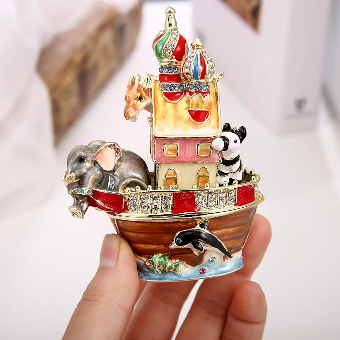 Hand Painted Animal Trinket Box for Home Decor, Hinged Jewelry Organizer Storage, Unique Personalized Collectible Keepsake Figurine Handmade Decorative Ornament Gifts (Noah's Ark) - Image 6