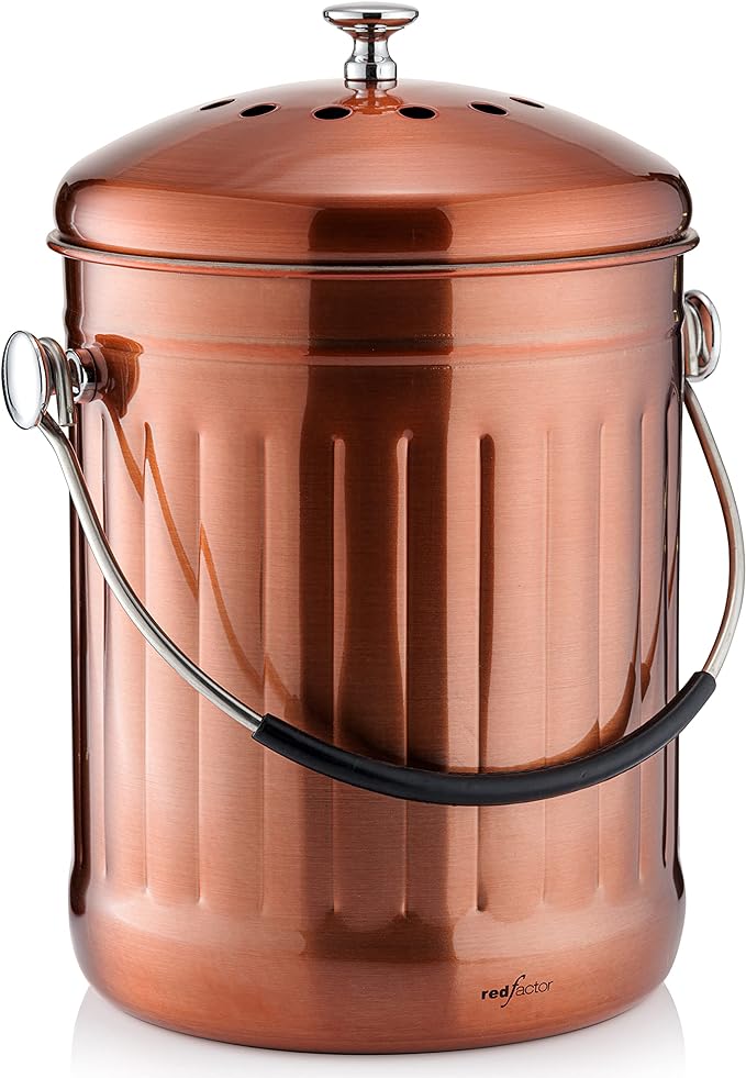 RED FACTOR Premium Compost Bin for Kitchen Countertop - Stainless Steel Food Waste Bucket with Innovative Dual Filter Technology - Includes Spare Filters (Matt Copper, 1.3 Gallon) by REDFACTOR