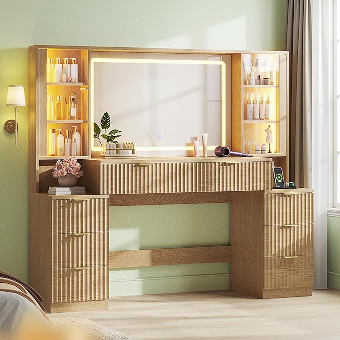 HAUOMS Big Vanity, Fluted Wood Makeup Vanity Desk with Mirror and Sound Sync LED Lights, Large Vanity Dressing Table, 8 Drawers, Charging Station for Girls, Women (Oak, 59.1" Width)