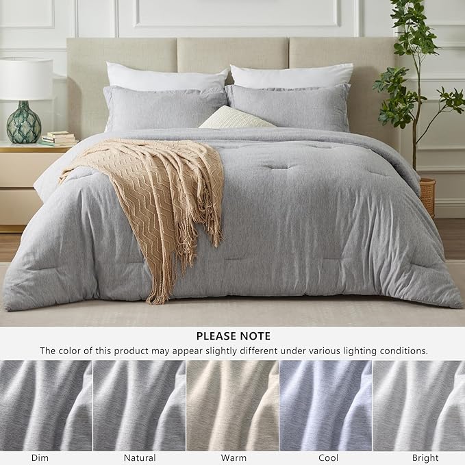 CozyLux California King Comforter Set - 3 Pieces Light Grey Soft Luxury Cationic Dyeing Cal King Comforter for All Seasons, Gray Breathable Lightweight Bedding Sets with 1 Comforter and 2 Pillow Shams