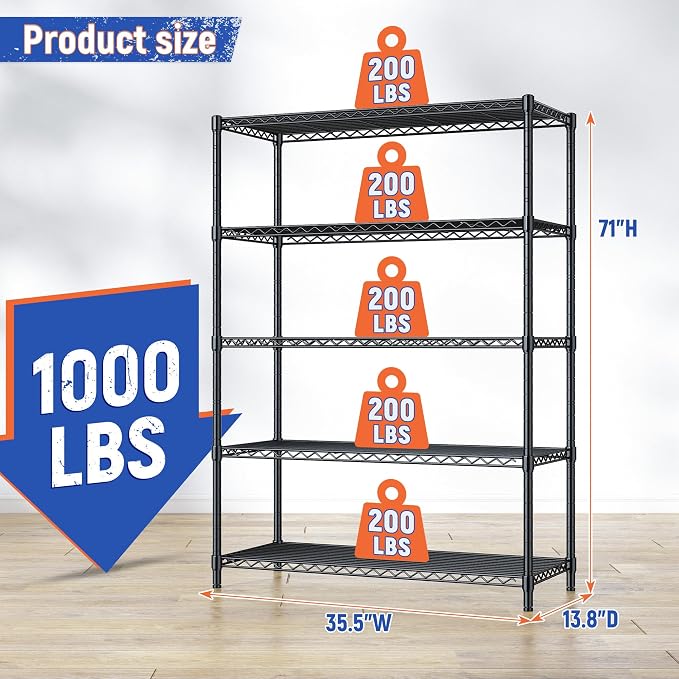 Romorgniz 5 Tier Storage Shelves 71"H Wire Shelving Adjustable Metal Shelving,1000LBS Pantry Shelves Sturdy Steel Wire Shelf for Kitchen Commercial Pantry Garage Warehouse ,71"H X35.5"W X13.8"D, Black - Image 3