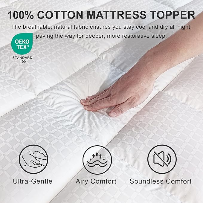 Queen Size Mattress Topper Cooling Cotton Pillow Top -Ultra Soft Mattress Pad & Supportive Protector, Breathable Pillow Top Mattress Cover Fitted Deep Pocket 8-21 Inch